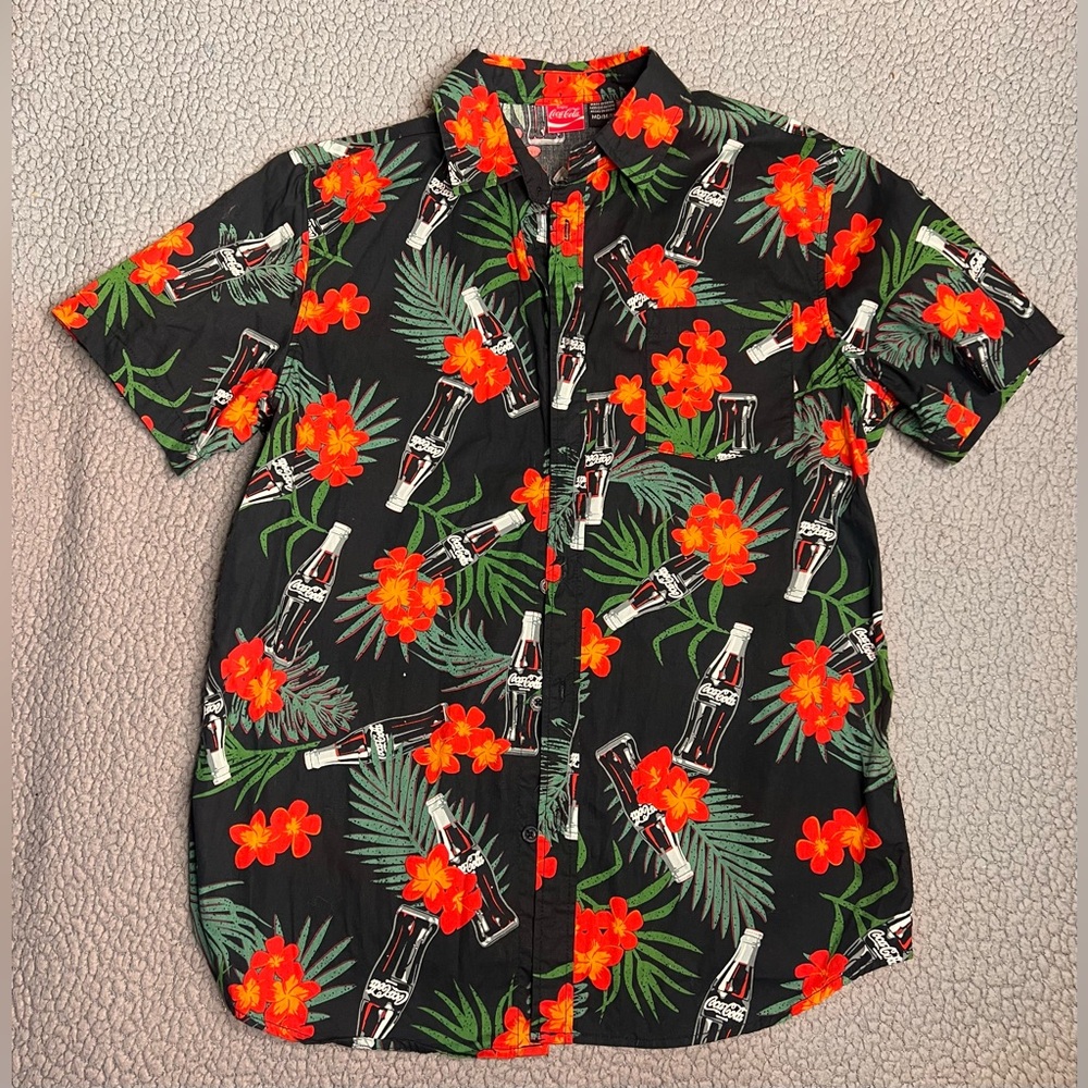 Coca-Cola Hawaiian Shirt Button Up Shirt Black Mens Size Medium